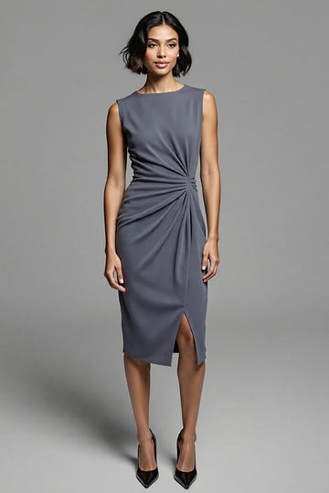 Grey Ruched Midi Dress with Slit